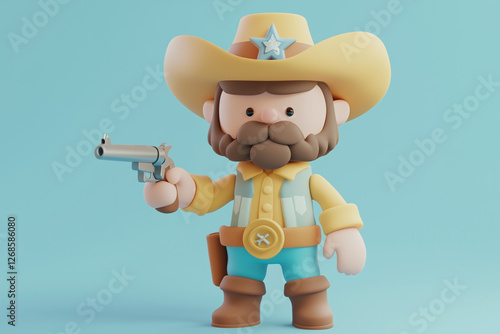 3D pastel cowboy sheriff character with hat, mustache and star badge on blue background.
A playful wild west figure symbolizing law, adventure, and frontier storytelling.

