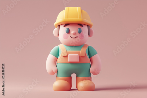 3d cartoon style construction worker with yellow hard hat in construction site, Labor in building site.