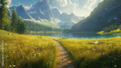 Fototapeta Naklejka Na Ścianę i Meble -  Mountain lake path, summer meadow, scenic Alps. Nature travel postcard