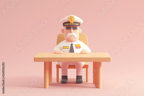 3d chief officer level working desk on pastel background, cartoon style table in working room, Selective focus president sit on the chair in private room.