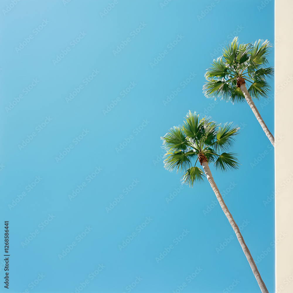 Fototapeta premium Two Palm Trees Against a Vivid Blue Sky