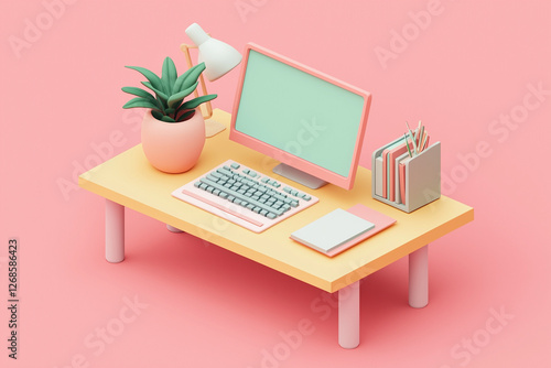 3D pastel home office desk with computer, books, and stationery arranged in a neat setup.
A charming workspace diorama styled in soft pink and yellow tones.
