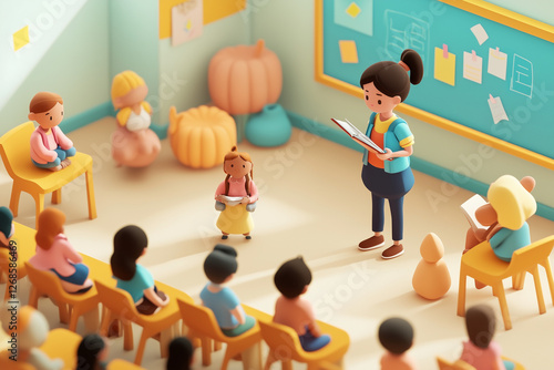 3D pastel classroom scene with teacher reading to students at their desks.
A warm education setting symbolizing learning, guidance and childhood school life.
