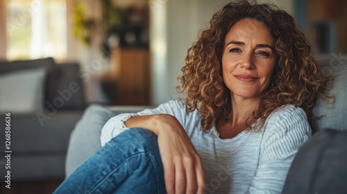 Happy relaxed 45 years old woman sitting on sofa at home looking away. Smiling middle aged lady posing in living room at home. Mature older female with curly hair relaxing on couch enjoying chill