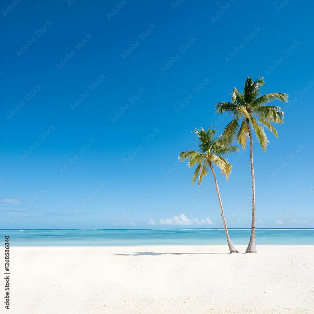Obraz premium Two Palm Trees on White Sand Beach Under Bright Blue Sky