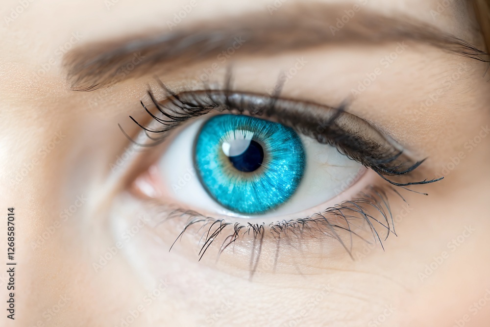 Obraz premium A close-up of an eye with a vibrant blue cosmetic contact lens, altering the natural eye color.
