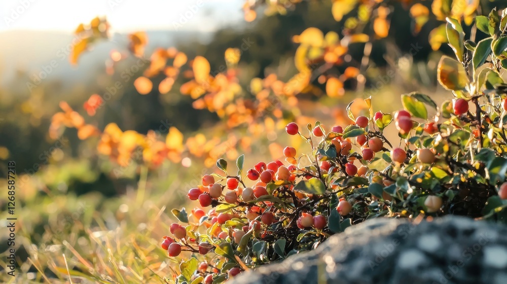 Bright red berries adorn lush greenery as autumn leaves change color in a tranquil natural setting. The scene captures the beauty of seasonal transformation at sunset Bright red berries adorn lush greenery as autumn leaves change color in a tranquil natural setting. The scene captures the beauty of seasonal transformation at sunset