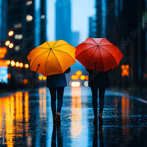 Two People Walking with Umbrellas in a Rainy City at Night