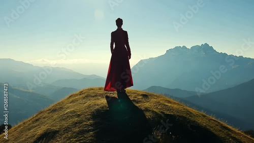 Woman stands on a mountaintop overlooking a vast landscape at sunset in a flowing red dress