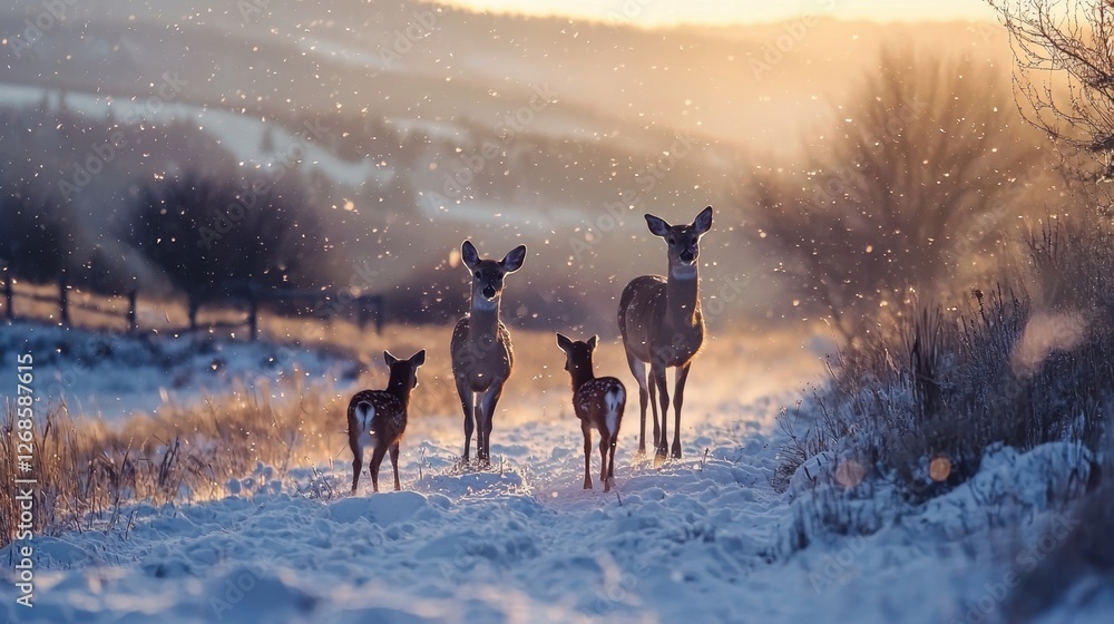 A family of deer, including two fawns, strolls along a snowy path as soft sunlight filters through trees, creating a serene winter atmosphere A family of deer, including two fawns, strolls along a snowy path as soft sunlight filters through trees, creating a serene winter atmosphere