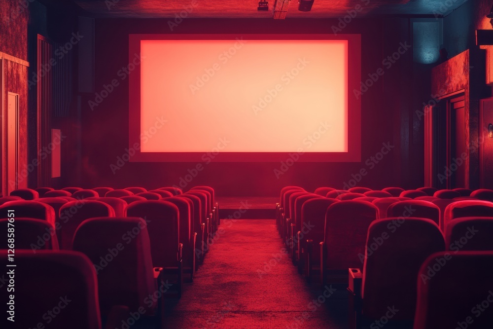 Empty cinema interior with red lighting and large screen ready for a movie showing at nighttime. Generative AI Empty cinema interior with red lighting and large screen ready for a movie showing at nighttime. Generative AI
