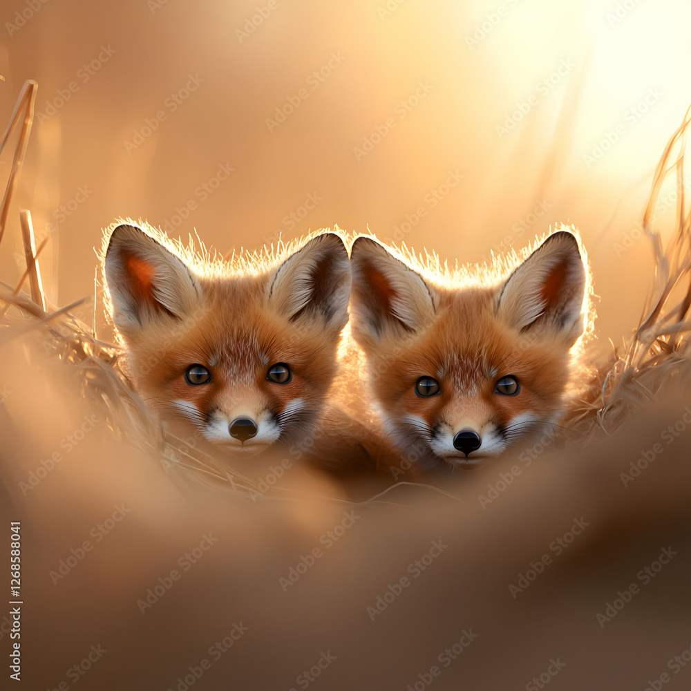 Fototapeta premium Two Red Fox Kits in Golden Hour Light