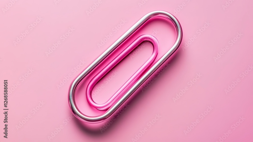 A close up view of a silver paperclip with a pink interior against a seamless pink background, highlighting the simple functionality of the office A close up view of a silver paperclip with a pink interior against a seamless pink background, highlighting the simple functionality of the office