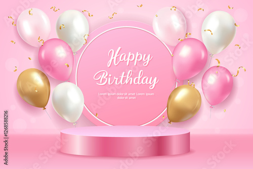 Realistic pink, white and gold balloon happy birthday product showcase template for website promotion, mother's day poster, greeting card