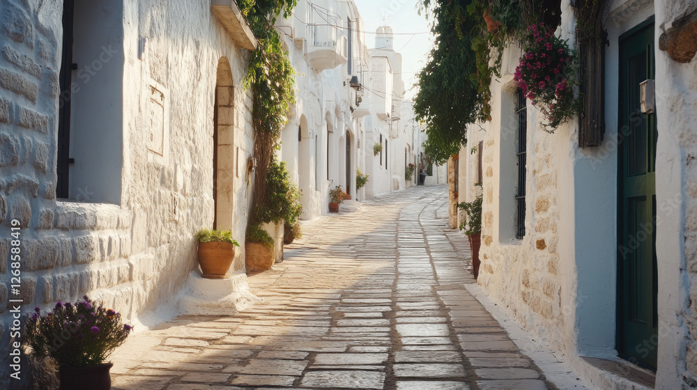 Obraz premium Whitewashed alleyway, sunlit streets, Italian village, charming town, perfect for travel postcards, tourism