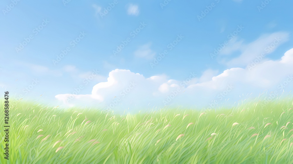 Windy grass field, blue sky, clouds, nature backdrop Windy grass field, blue sky, clouds, nature backdrop
