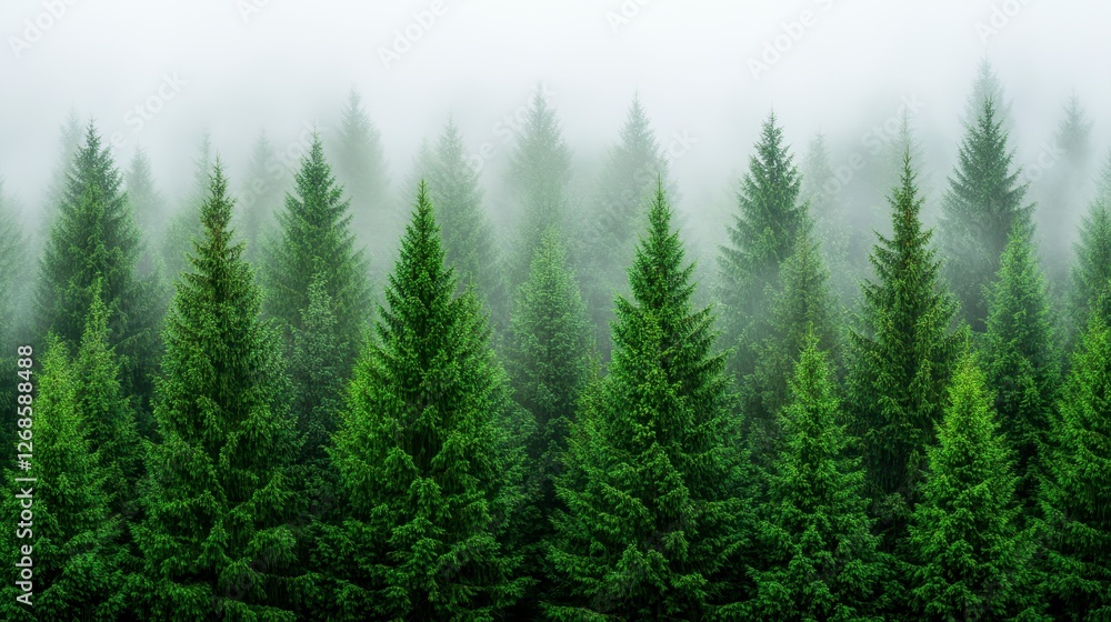 Misty morning in a dense evergreen forest. Lush green pine trees stand tall, shrouded in fog, creating a serene and mysterious atmosphere. The fog Misty morning in a dense evergreen forest. Lush green pine trees stand tall, shrouded in fog, creating a serene and mysterious atmosphere. The fog