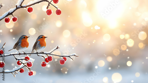 Two Robins on Snowy Branch with Red Berries at Sunrise