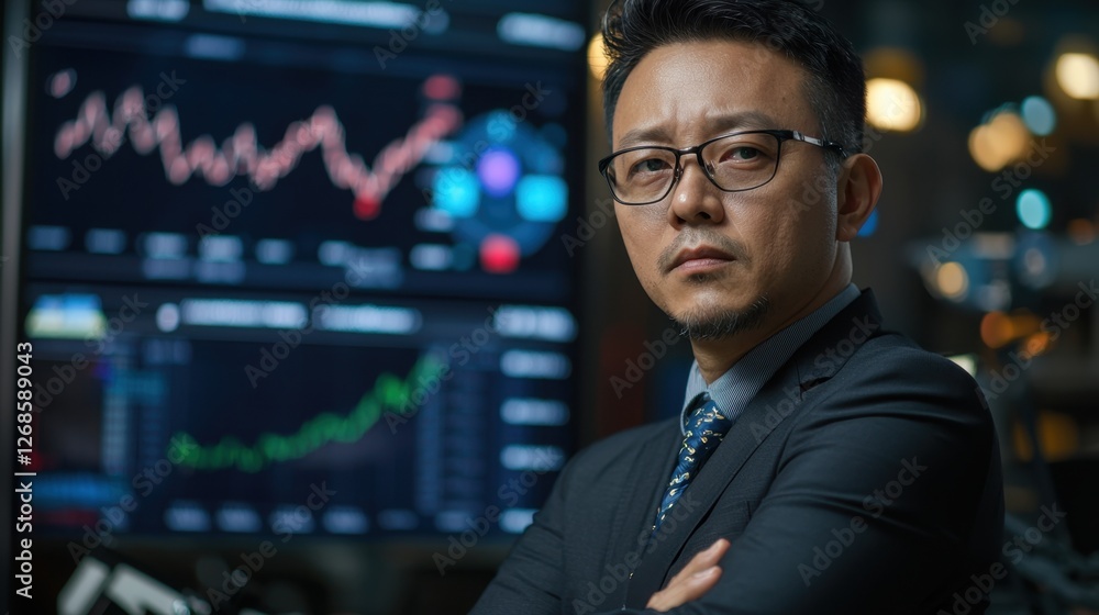A financial analyst in formal attire stands confidently with arms crossed, analyzing stock market data displayed on screens in a contemporary office at night A financial analyst in formal attire stands confidently with arms crossed, analyzing stock market data displayed on screens in a contemporary office at night