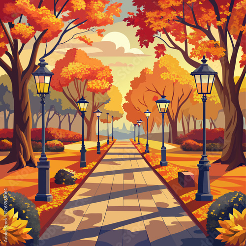 Autumn park path with lampposts