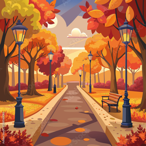 Autumn park path with lampposts