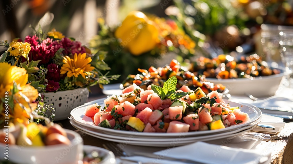 A Thanksgiving feast table where watermelon and mint salad is served as a refreshing appetizer, alongside roasted autumn vegetables A Thanksgiving feast table where watermelon and mint salad is served as a refreshing appetizer, alongside roasted autumn vegetables