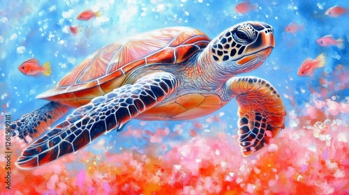 Fototapeta Naklejka Na Ścianę i Meble -  Coral reef turtle swims, ocean background, vibrant colors, nature art
