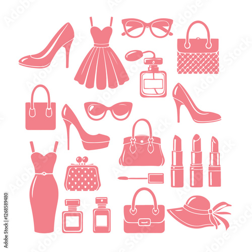 pink icon set of elegant women's fashion : high heels, handbag, sunglasses, dress, hat, perfume , mascara, lipstick- perfect for fashion branding, retail, and style design
