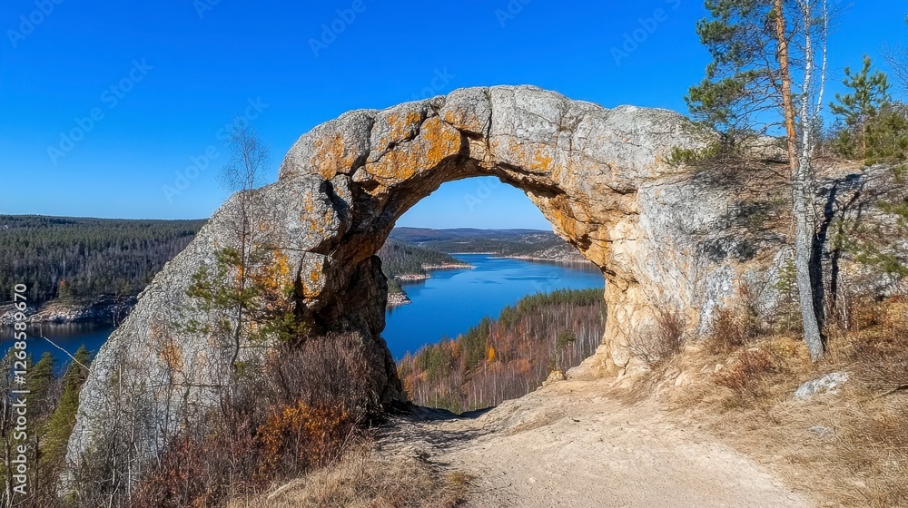 A natural stone arch frames a scenic view of a calm lake and autumnal forest under a clear blue sky. The arch is made of light gray and tan rock A natural stone arch frames a scenic view of a calm lake and autumnal forest under a clear blue sky. The arch is made of light gray and tan rock