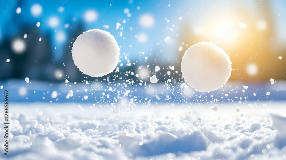 Two Snowballs Flying Through Air During Sunny Winter Day Two Snowballs Flying Through Air During Sunny Winter Day