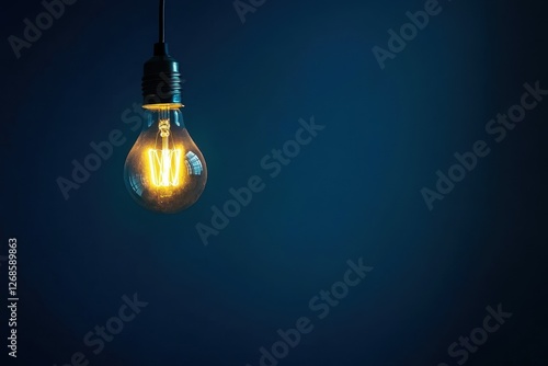 A single glowing lightbulb hangs against a dark blue background photo