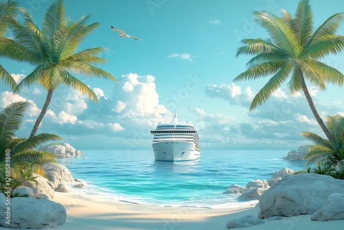 A cruise ship sailing near a tropical beach with palm trees and seagulls, in a bright and colorful illustration