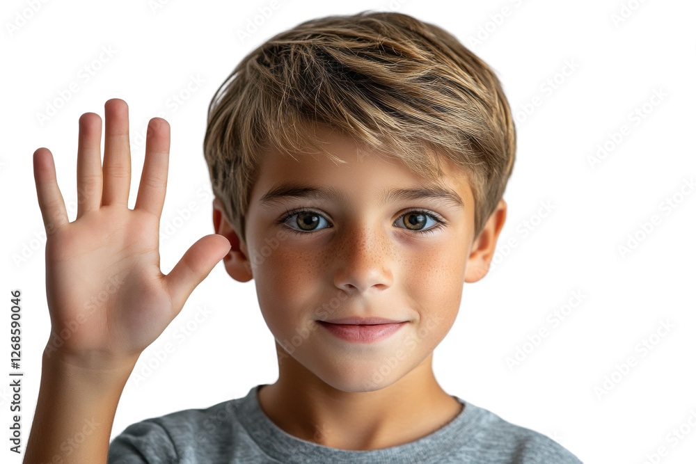Smiling boy waving hand, white isolated background Smiling boy waving hand, white isolated background
