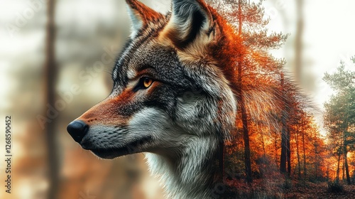 A captivating image of a wolf's head intertwined with a dynamic forest scene, portraying the intrinsic connection of wildlife to its natural habitat beautifully. photo