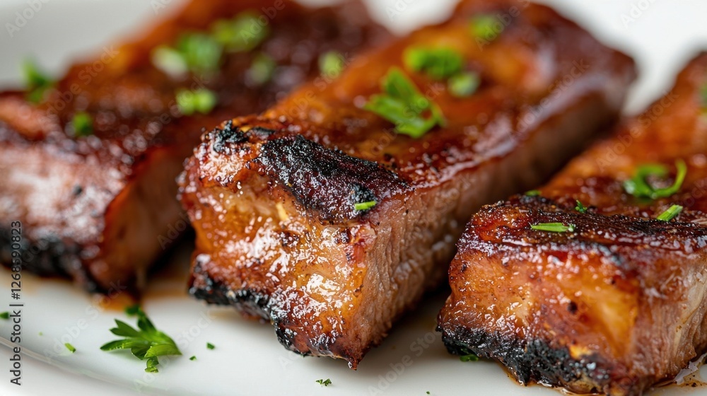Juicy beef ribs with a crispy exterior are served on a plate, topped with vibrant green herbs. Perfectly cooked, they promise a savory flavor and tender bite