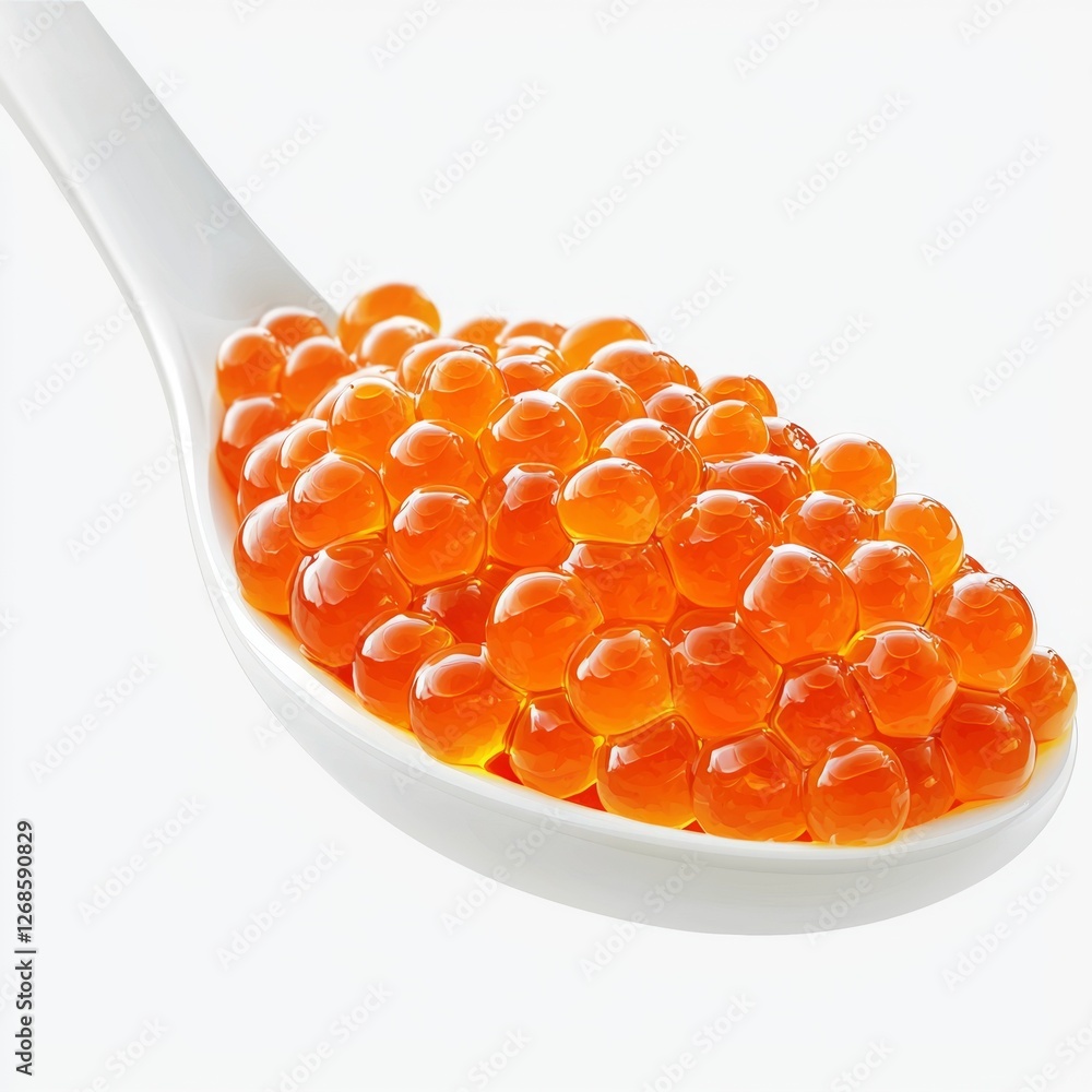 Delicate Spoonful of Bright Orange Caviar Pearls on a White Background for Culinary Delights and Gourmet Dishes