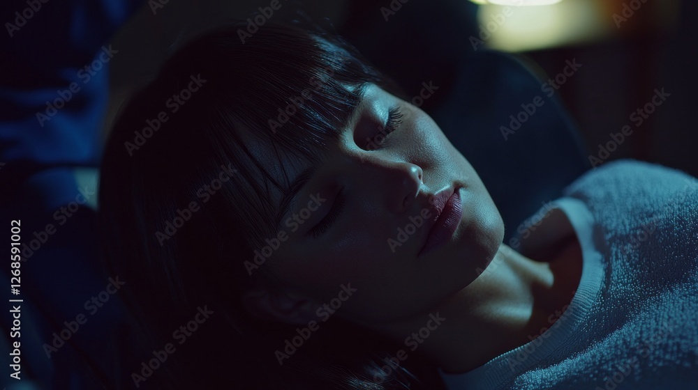 A young woman lies peacefully with closed eyes, enveloped in a serene ambiance of a dark spa, as skilled hands gently alleviate her tension through a soothing massage A young woman lies peacefully with closed eyes, enveloped in a serene ambiance of a dark spa, as skilled hands gently alleviate her tension through a soothing massage