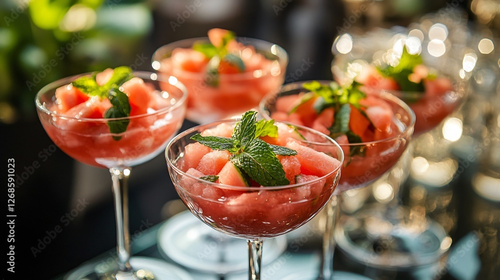 An exclusive summer cocktail party scene, where watermelon and mint salad is served in mini champagne glasses with an aromatic herb garnish An exclusive summer cocktail party scene, where watermelon and mint salad is served in mini champagne glasses with an aromatic herb garnish
