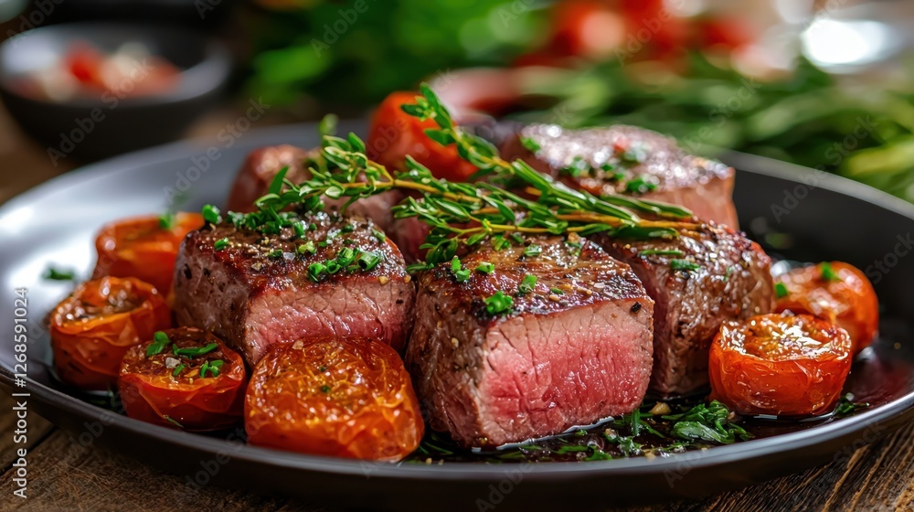 Succulent beef medallions are beautifully arranged on a dark plate, accompanied by roasted cherry tomatoes and garnished with fresh herbs. The rustic ambiance enhances the dish's appeal Succulent beef medallions are beautifully arranged on a dark plate, accompanied by roasted cherry tomatoes and garnished with fresh herbs. The rustic ambiance enhances the dish's appeal