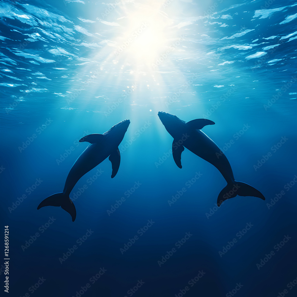 Obraz premium Two Whale Silhouettes in Deep Blue Ocean Under Sunlight