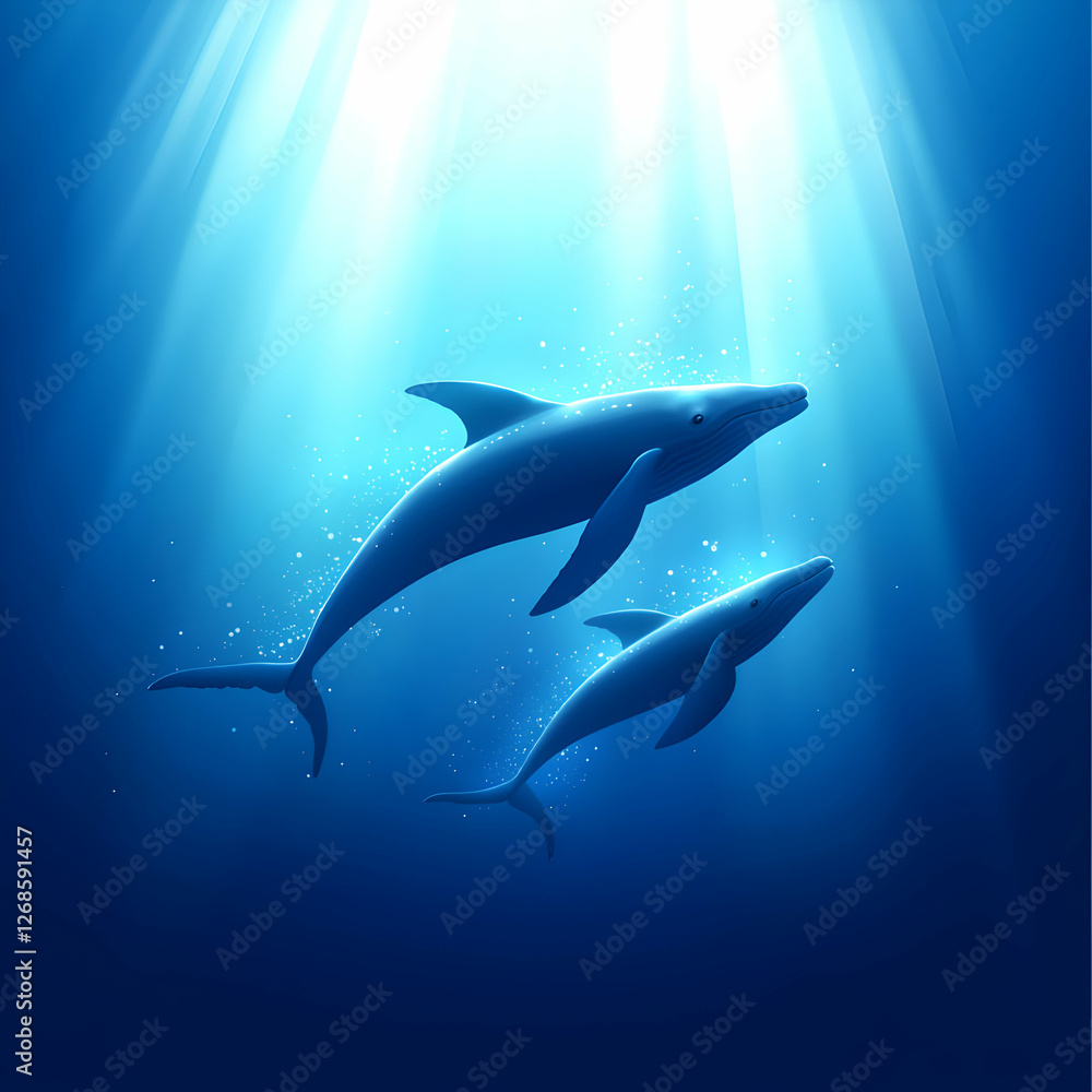 Fototapeta premium Two Whales Swimming in Deep Blue Ocean Sunlight