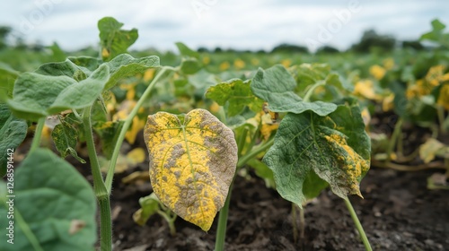 A diseased cucumber field with yellowing and wilting leaves, showing signs of bacterial wilt infection