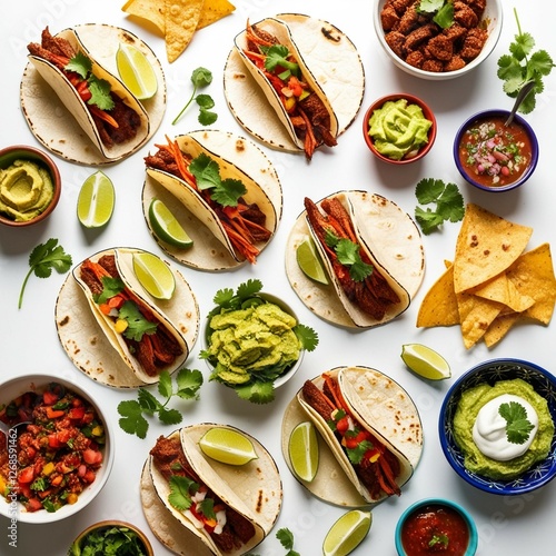 A collection of delicious Mexican tacos and traditional dishes arranged on a white background. The images feature hard-shell and soft-shell tacos filled with seasoned meat, fresh vegetables, and garni