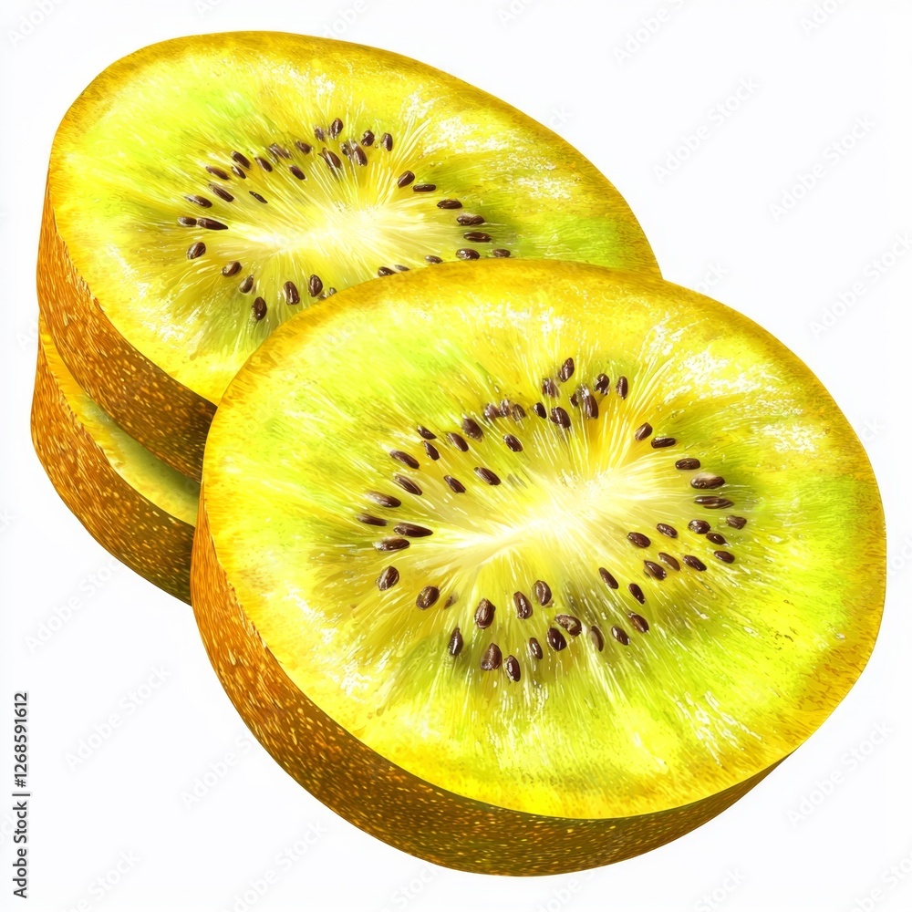 Freshly Cut Kiwi Fruit Halves on White Background, Vibrant Yellow Color, Seeds and Texture Revealed, Healthy Snack Concept Freshly Cut Kiwi Fruit Halves on White Background, Vibrant Yellow Color, Seeds and Texture Revealed, Healthy Snack Concept