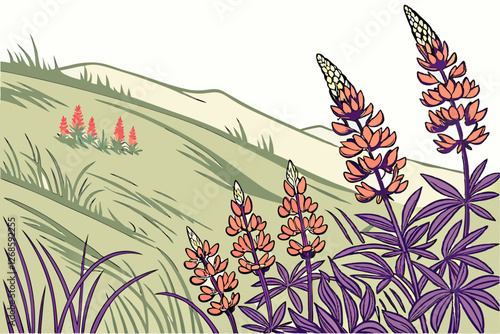 Seamless Montana wildflower design with lupines and Indian paintbrush.