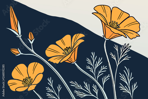 California poppies in bright orange with a navy-blue backdrop.