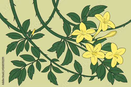 South Carolina yellow jasmine flowers intertwined with lush green vines.