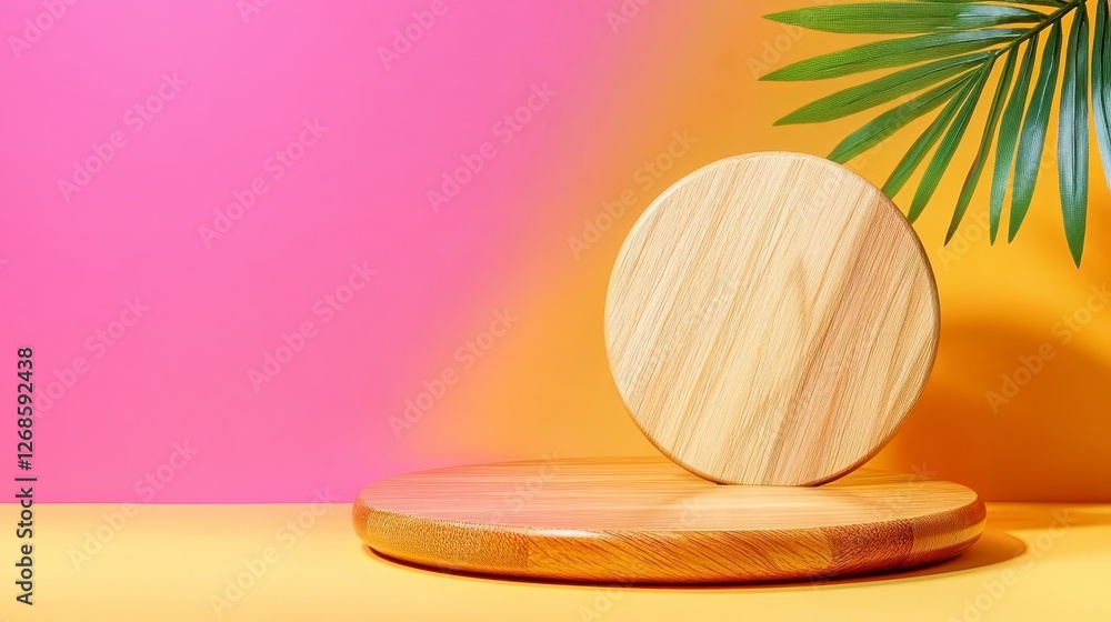 A round wooden display platform sits atop a larger, similar platform against a vibrant pink and yellow background. A palm frond casts a shadow