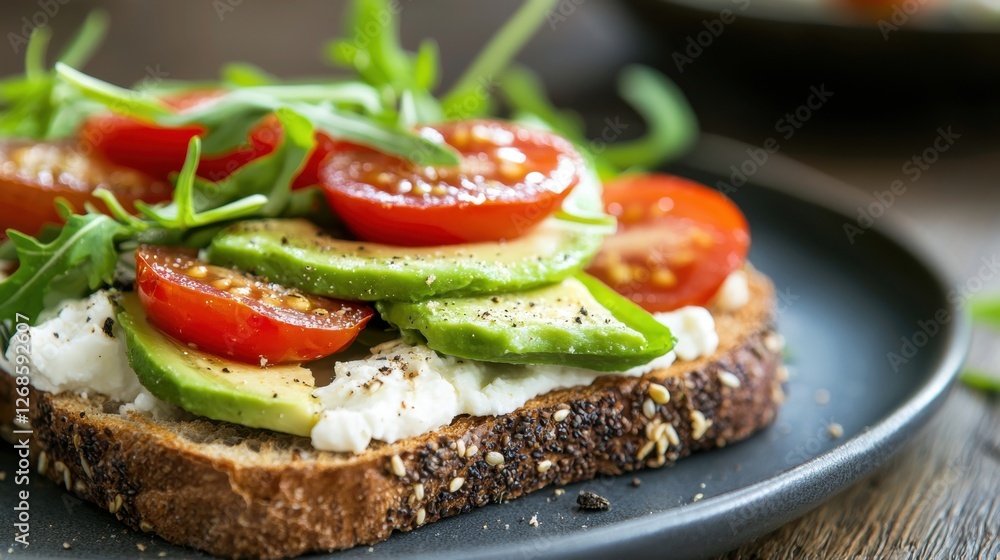 A colorful plate features a slice of whole grain bread topped with creamy avocado, fresh cherry tomatoes, and vibrant arugula A colorful plate features a slice of whole grain bread topped with creamy avocado, fresh cherry tomatoes, and vibrant arugula
