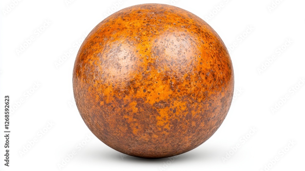 Fototapeta premium Studio shot of a spherical object with a rusty, speckled orange brown surface against a plain white background. The sphere displays a detailed